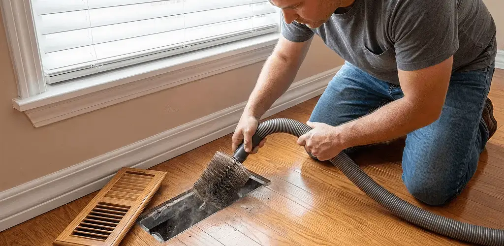 Air duct cleaning technician vacuuming a floor vent and duct opening in Spokane, WA