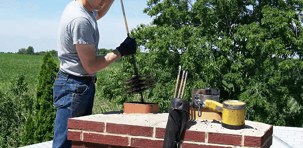 Chimney cleaning technician working on a rooftop chimney with professional tools in Spokane, WA