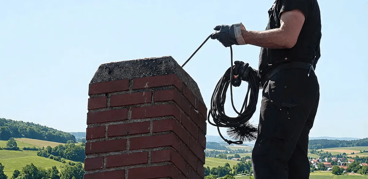 Chimney sweep inspecting and cleaning a rooftop chimney in Spokane, WA