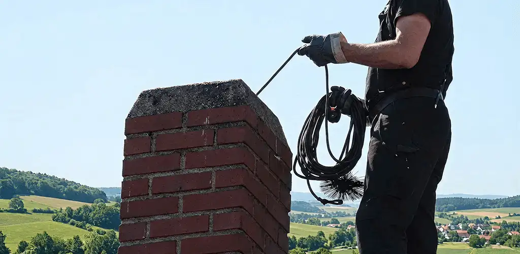 Chimney sweep inspecting and cleaning a rooftop chimney in Spokane, WA