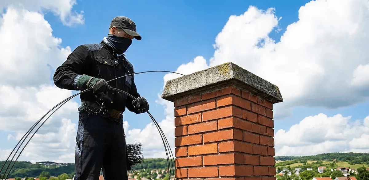 Chimney sweep cleaning a brick chimney with professional tools in Spokane, WA