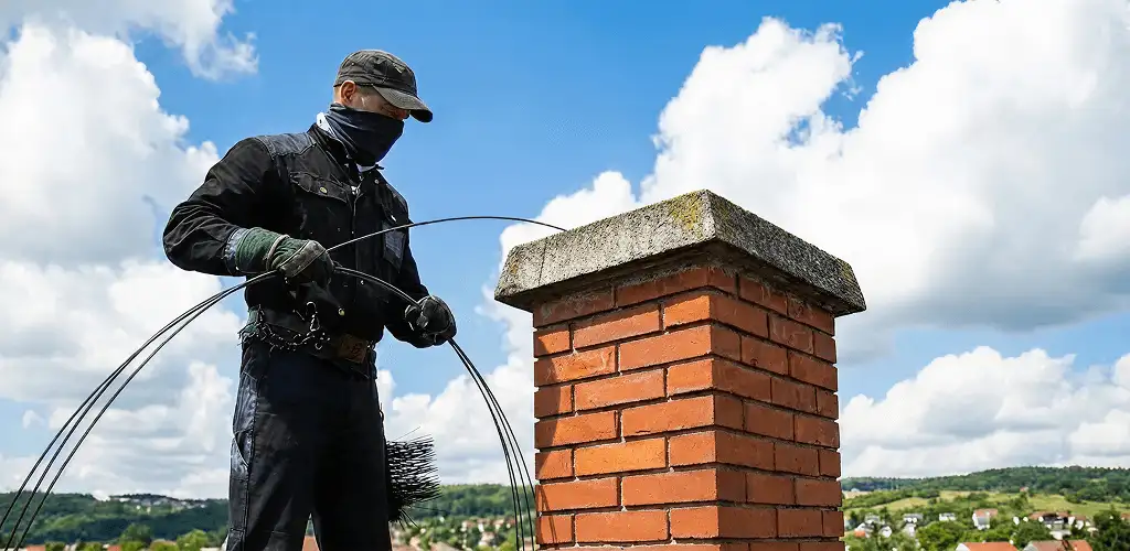 Chimney sweep cleaning a brick chimney with professional tools in Spokane, WA