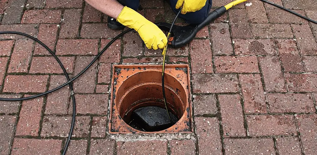 Drain cleaning technician using a drain snake to clear a clogged drain in Spokane, WA