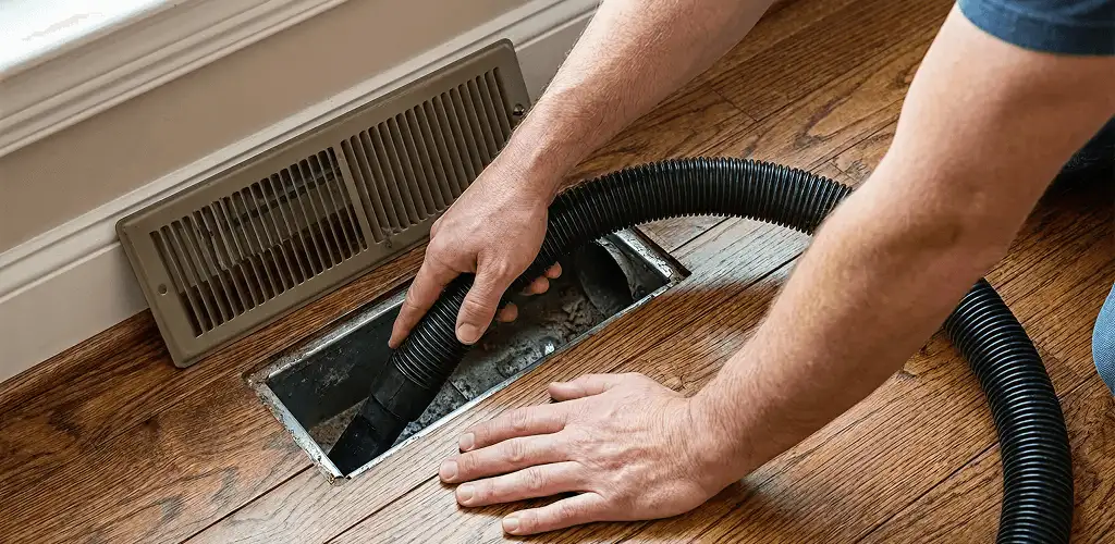 Air duct cleaning technician vacuuming a floor register and duct opening in Spokane, WA