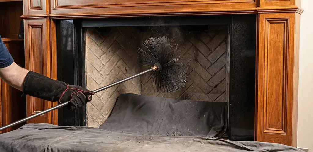 Chimney cleaning service brushing soot from a fireplace and flue in Spokane, WA