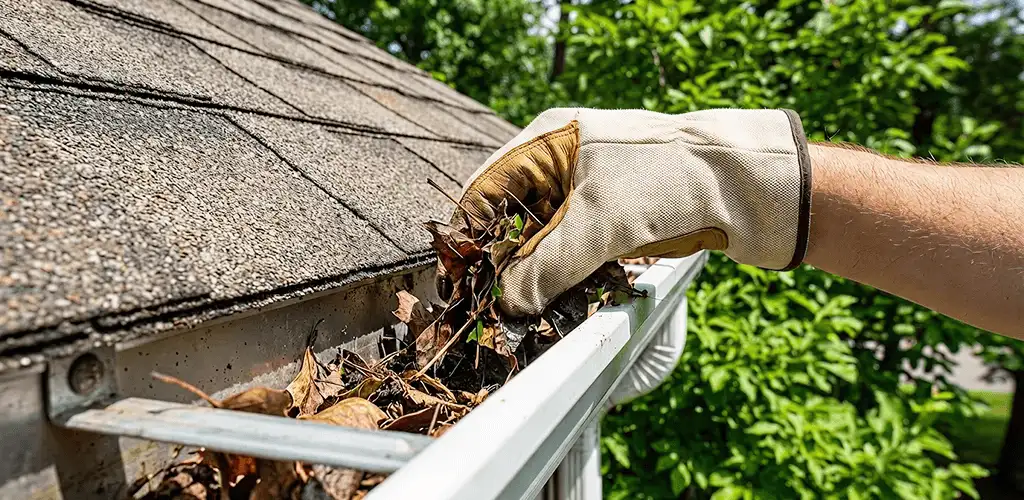 Gutter cleaning removing leaves and debris from roof gutters in Spokane, WA