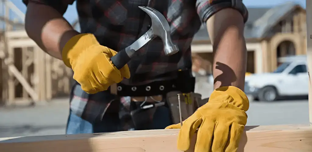 Handyman fixing wood trim with a hammer for home repairs in Spokane, WA