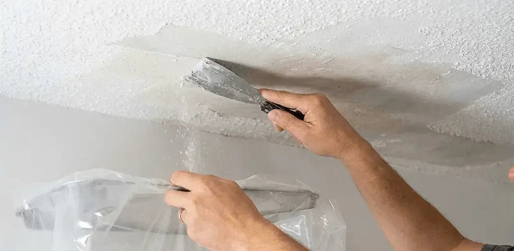 Popcorn ceiling removal technician scraping texture from a ceiling in Spokane, WA