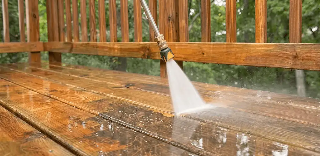 Pressure washing a wood deck to remove dirt and buildup in Spokane, WA