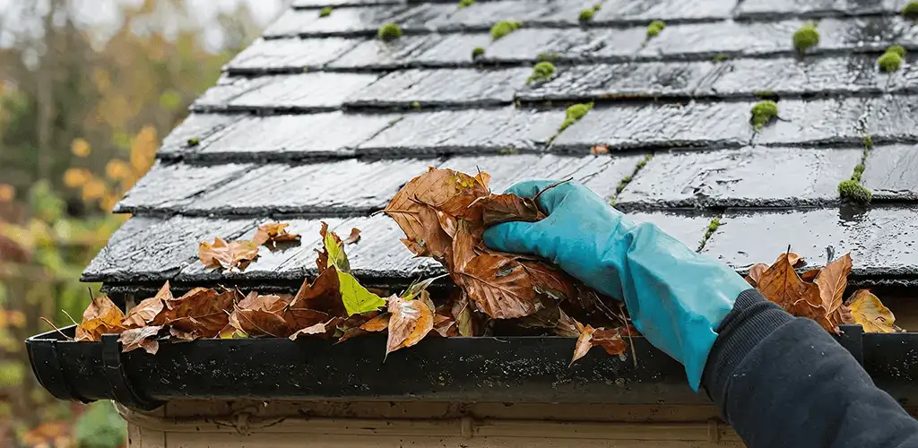 Gutter cleaning technician clearing wet leaves from roof gutters in Spokane, WA