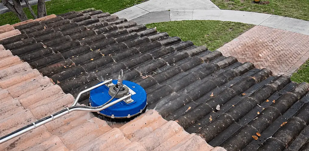 Roof pressure cleaning removing debris and buildup from roof tiles in Spokane, WA