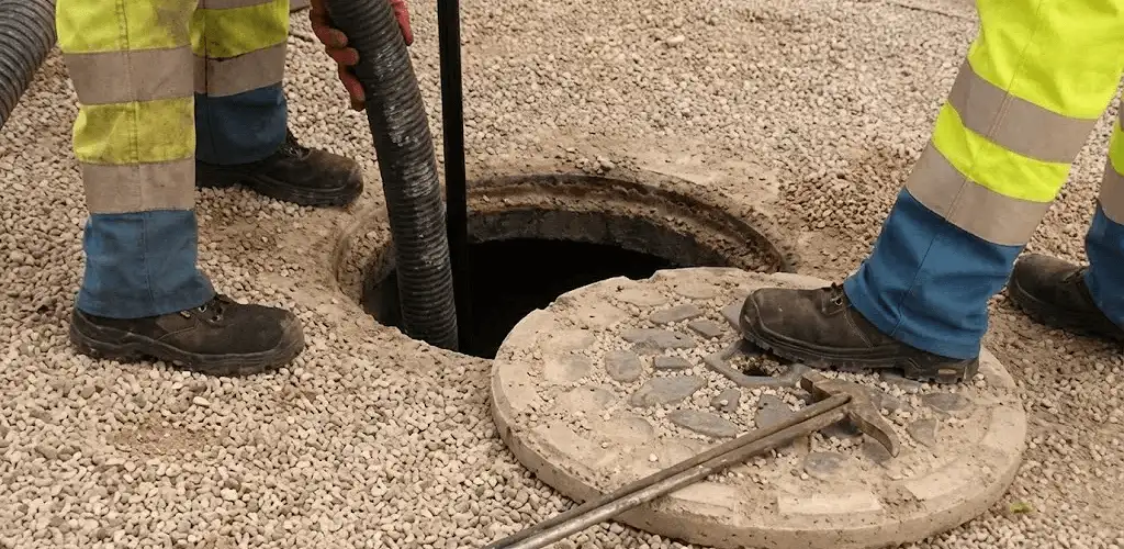 Drain cleaning crew clearing a sewer access point with professional equipment in Spokane, WA