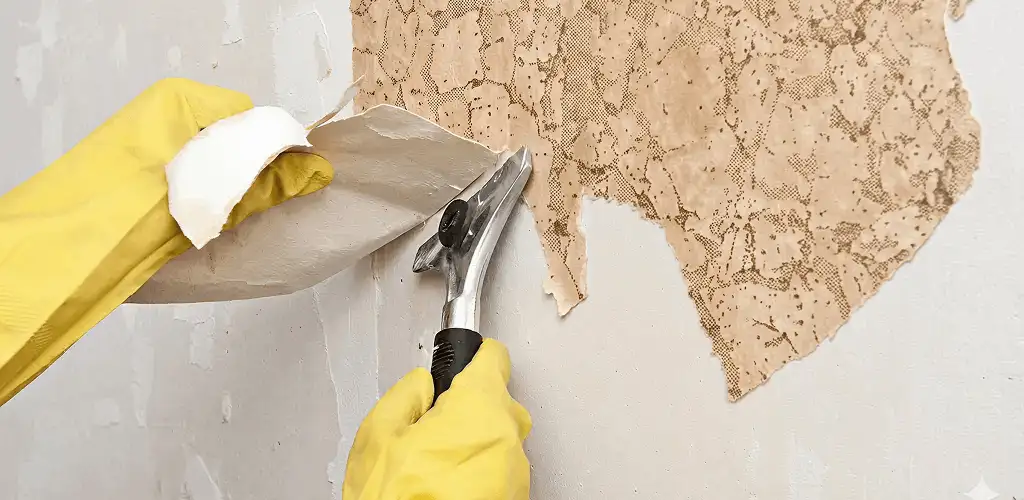 Wallpaper removal service stripping old wallpaper from a wall in Spokane, WA