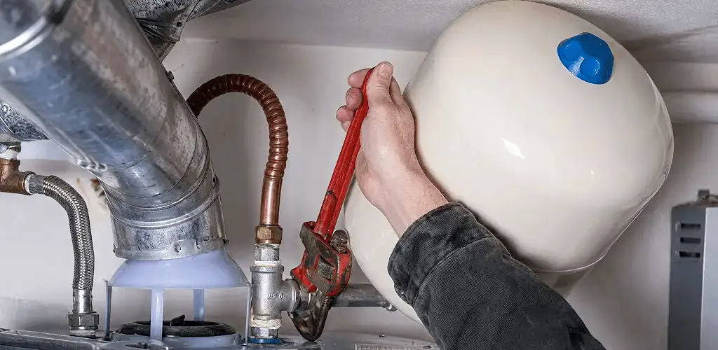 Water heater repair technician tightening plumbing connections near a tank unit in Spokane, WA
